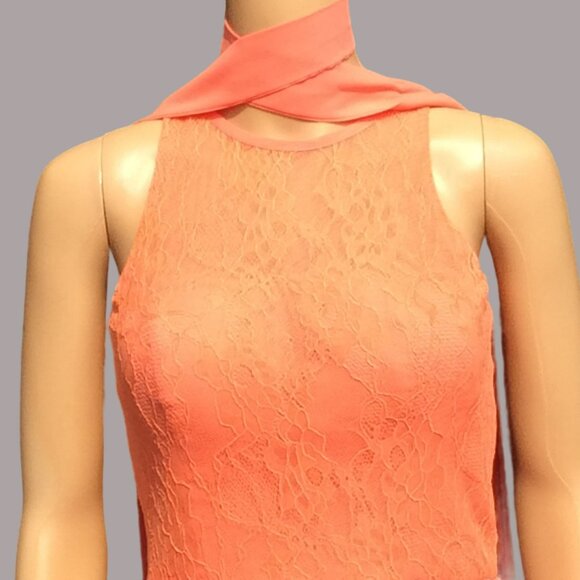 Cocomelody Size 2 Coral Sleeveless Dress Lace Chiffon Flowy Fairy Beachy Halter - Picture 3 of 13